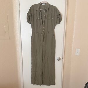 Olive Green Button-Front Utility Jumpsuit